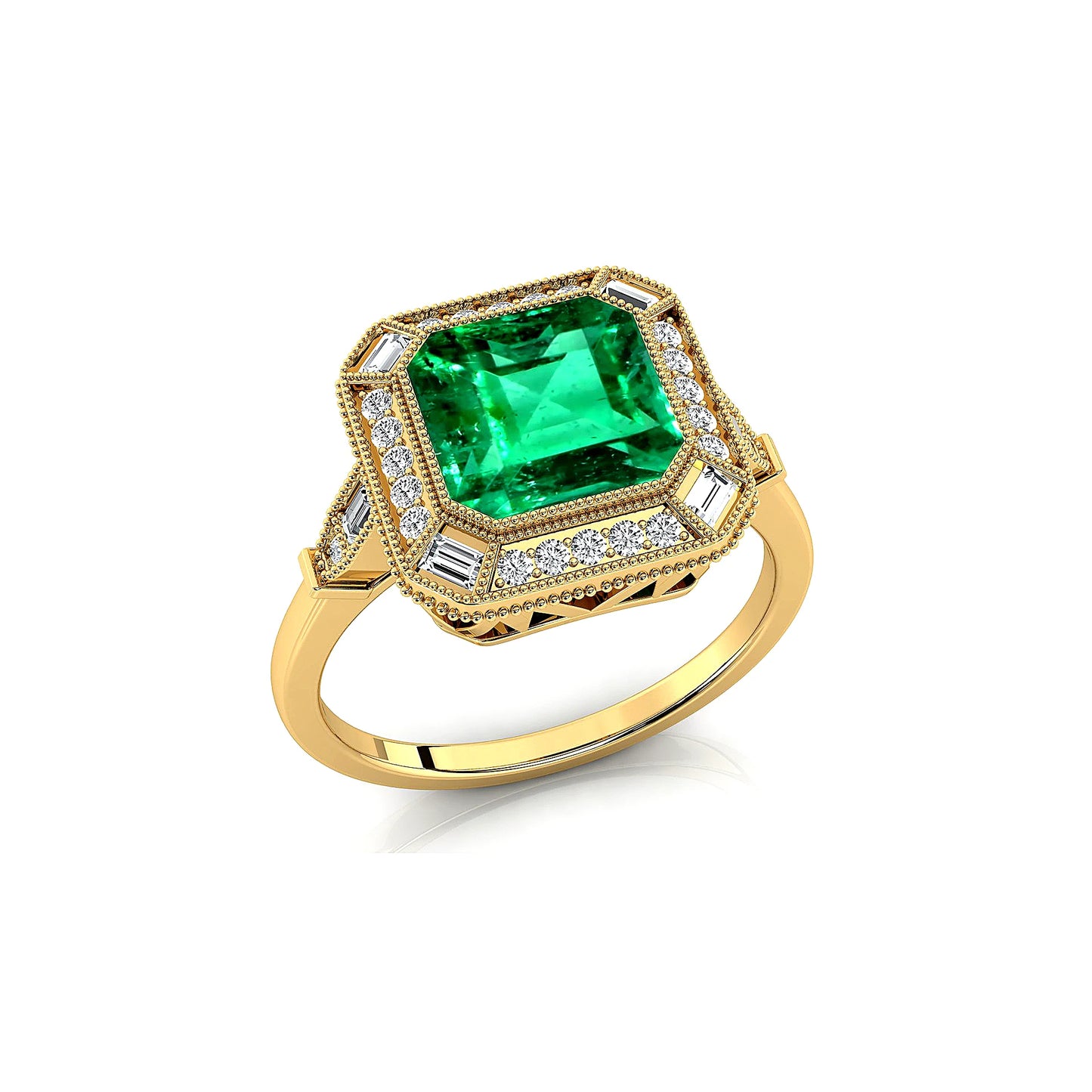 Solid Gold 100% Lab Grown Emerald Gemstone Rhodium Plated Halo Diamonds Solitaire Fine Jewelry Ring Gift For Anniversary