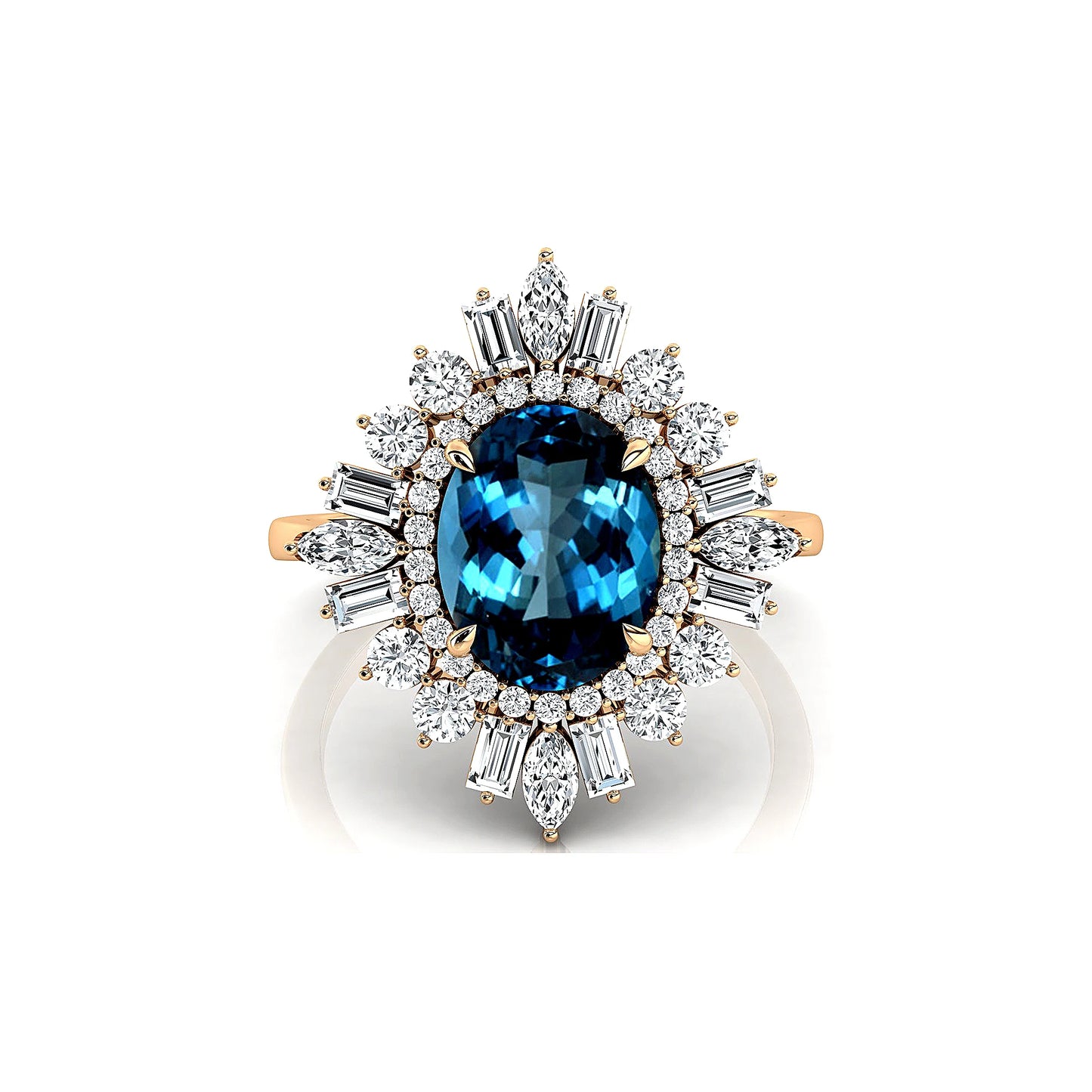 Solid Gold London Blue Topaz Gemstone Real White Diamonds Rhodium Plated Classic Party Gift for Women's Engagement Wedding