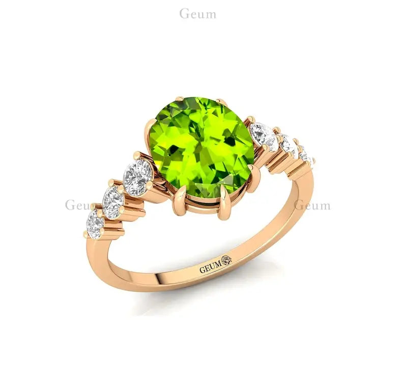Natural Diamond Round Cut Peridot Gemstone Wedding Ring Solid 14k Pure Gold Handmade Gift Beloved Fine Jewelry Supplier OEM