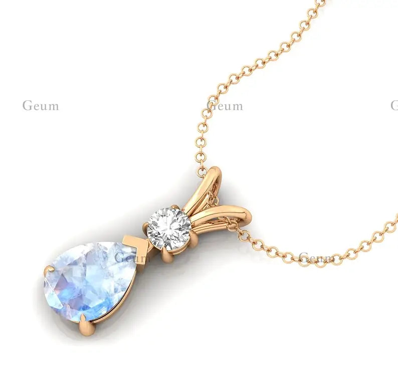 Pear Shape Rainbow Moonstone & Real Diamond Teardrop Shape Pendant 14k Gold Pendant Prong Set Pendant Jewelry Wholesale