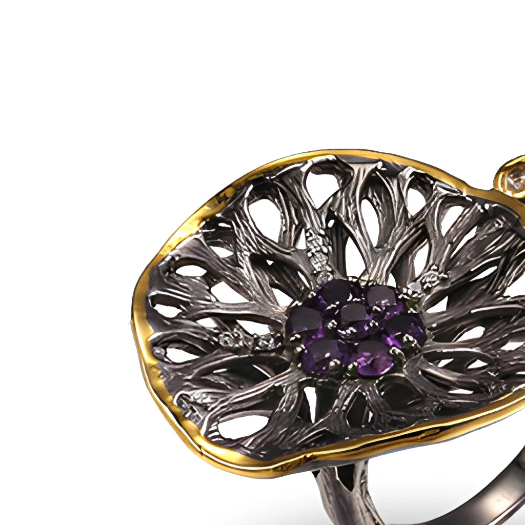 Fashion Handmade Lotus Leaf 925 Sterling Silver Ring With Black Gold Plated