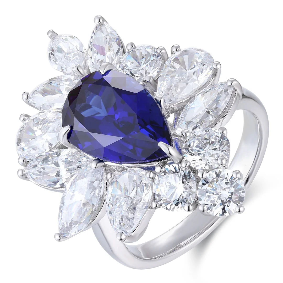 Gemfiori Anster Pear Cut Lab Made Diamonds and Ring S925 Sterling Silver Lab Created Blue Sapphire Women Ring