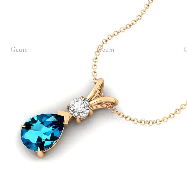 Pear Shape London Blue Topaz 14K Solid Gold Rhodium Plated Pendant Natural Diamond Tear Drop Necklace Anniversary Gift For Wife