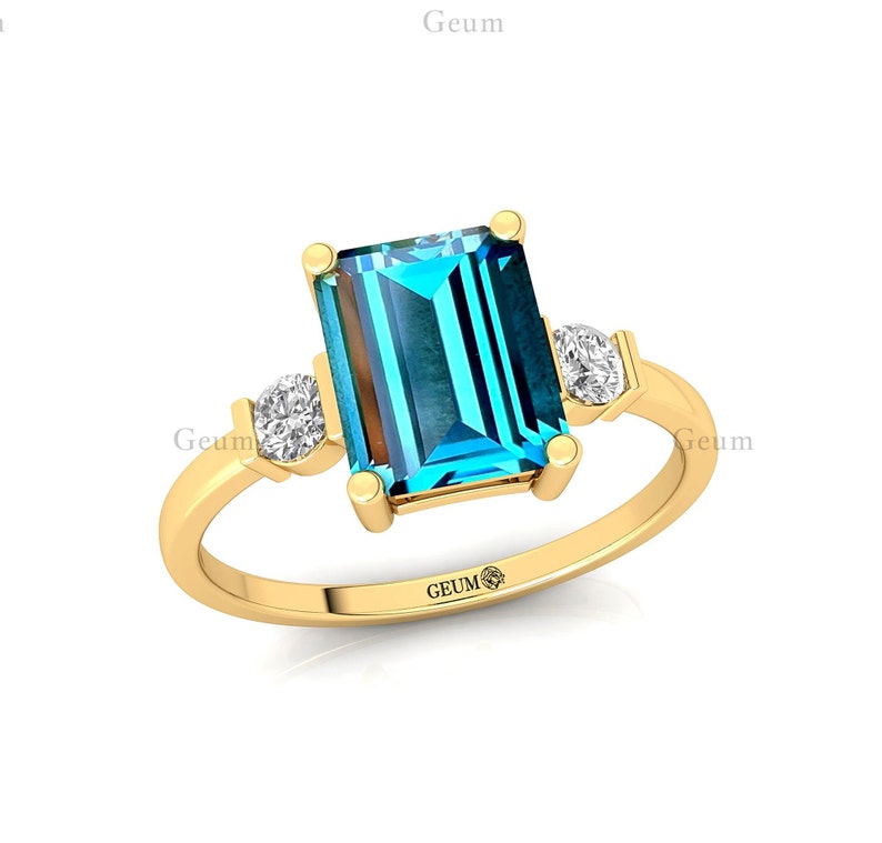 Best Selling Emerald Cut Natural London Blue Topaz Gemstone Real Diamond Classic Halo Solitaire Wedding Ring 18k Solid Gold