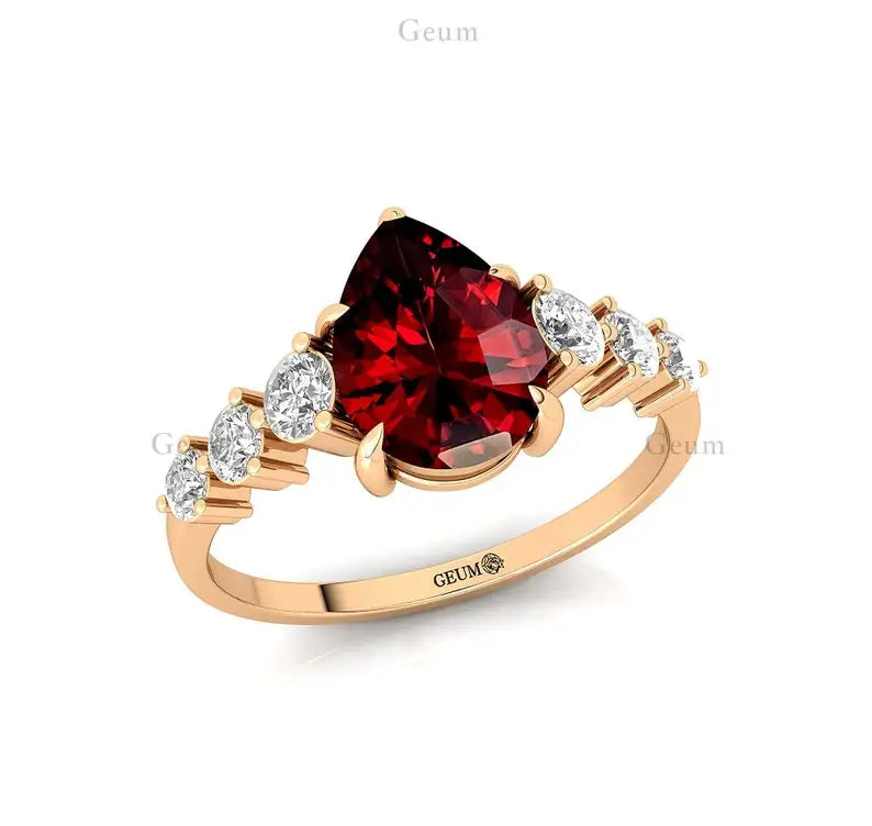Luxurious Design Unique Pear Cut Natural Red Garnet Gemstone Ring 18k Solid Gold Real Diamonds Classic Wedding Women Rings