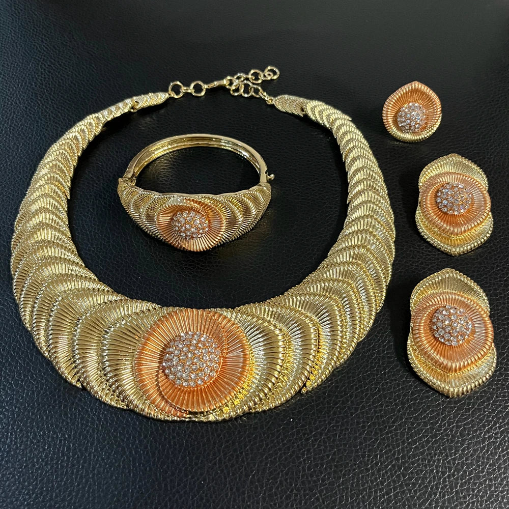 Zhuerrui Italian Gold Plated Jewelry Set Layered Fan Gradient Floral Crystal Necklace Earrings Bracelet Ring Women Party I00001