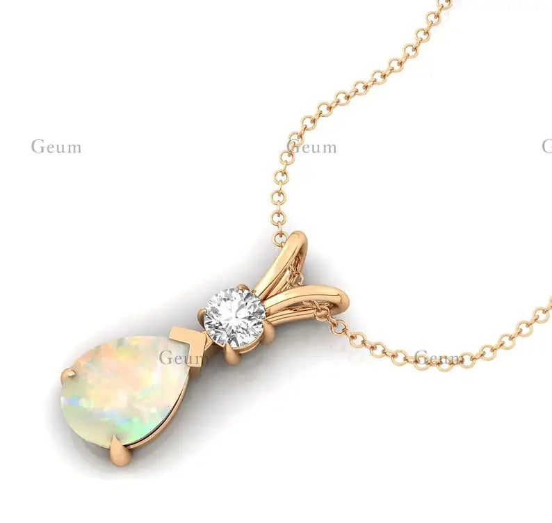 Pear Cut Natural Ethiopian Opal Solitaire Pendant in 14k Solid Gold Rhodium Plated Cute Style Diamond Round Cut Charm Pendant
