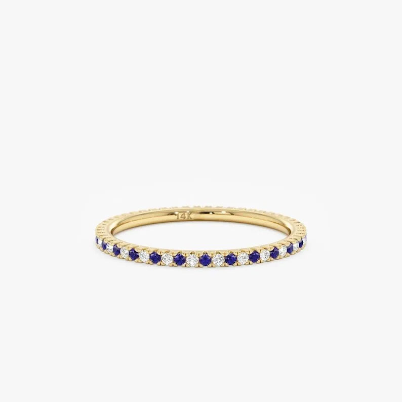 14k Pure Gold Alternating Full Eternity Ring Sapphire Gemstone Women Wedding Engagement Anniversary Party Classic Prong Setting