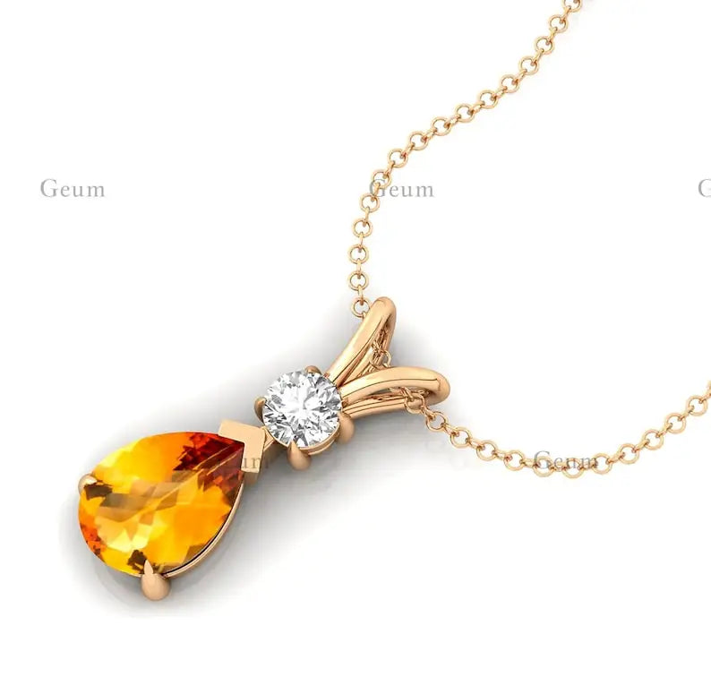 Pear Cut Citrine Gemstone Teardrop Pendant 14k 18k Gold Pendant With Natural Diamond Pendant Charms Solitaire Pendant Necklace