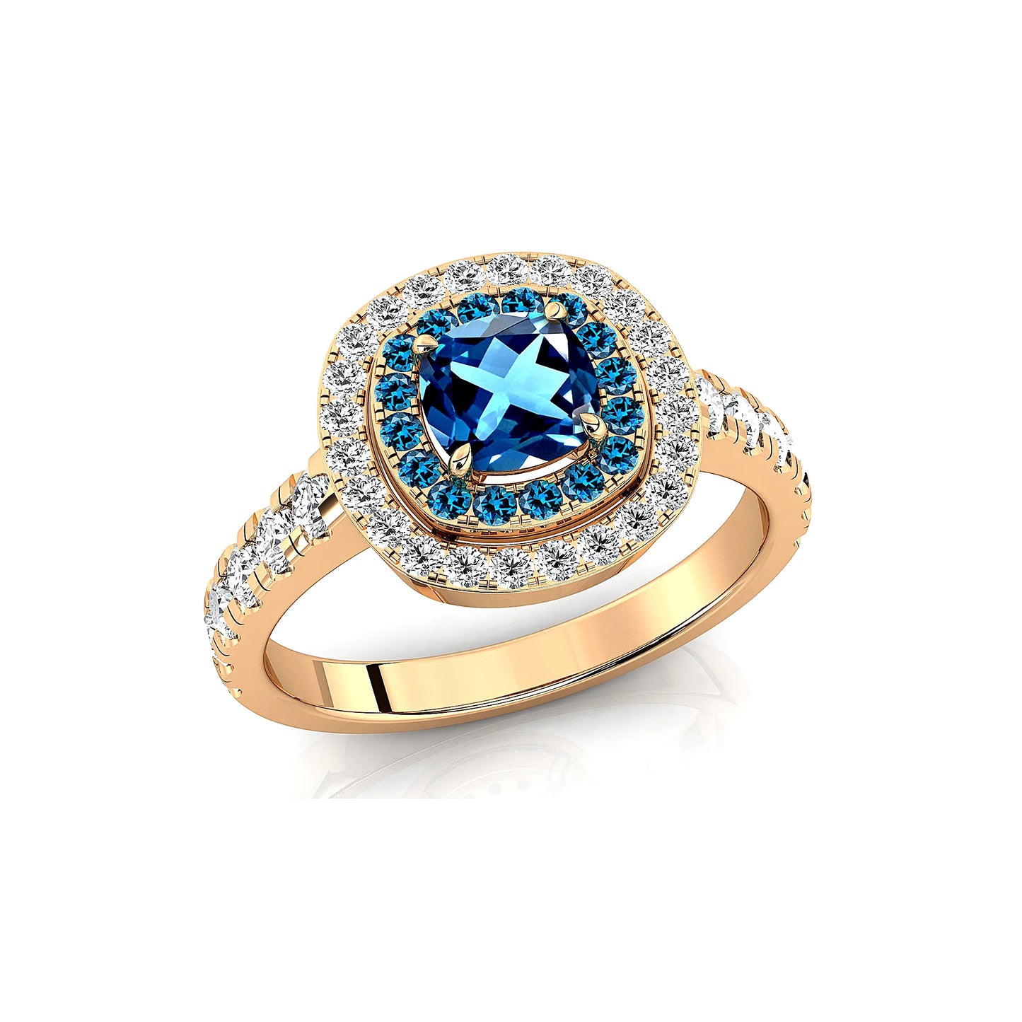 14k Solid Gold Rings Natural London Blue Topaz Real Diamonds Classic Wedding Halo Ring Rhodium Plated Women Jewelry Gift For Her