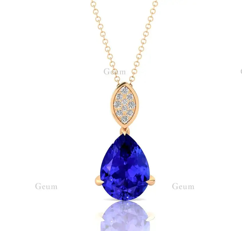 Luxurious Solid 14K Rose/Yellow/White Gold Cute Teardrop Charms Pendant Necklace Natural Tanzanite Stone Real Diamonds Pendant