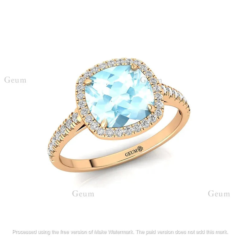 14k Solid Gold Cushion Cut Aquamarine March Birthstone Wedding Bridal Party Fashion Ring for Women Classic Fine Jewelry