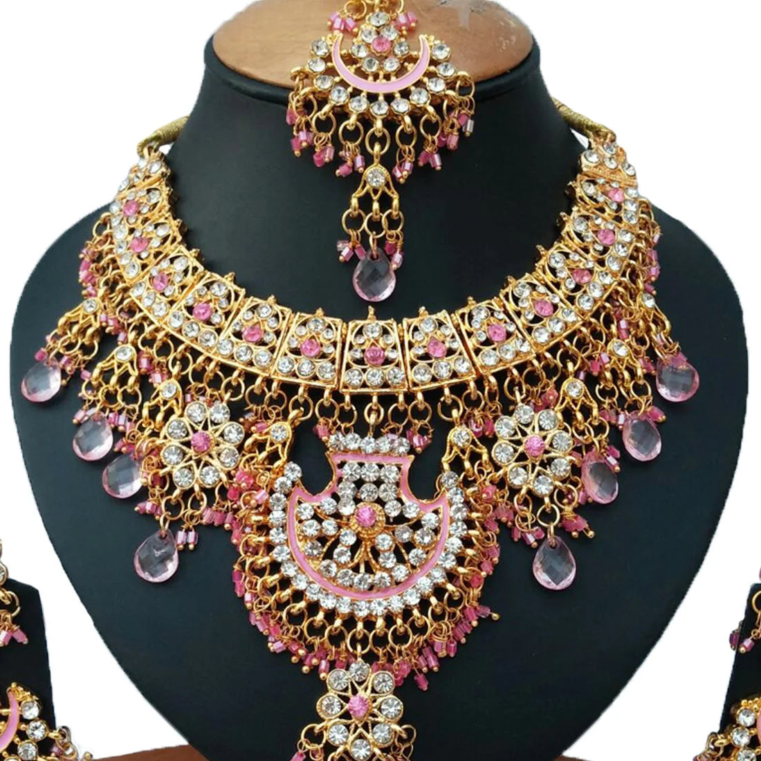 Indian Royal Zircon Brass Rose Gold Plated Flower Design Bridal Set Headpiece Women Engagement Wedding Anniversary Party Ethnic