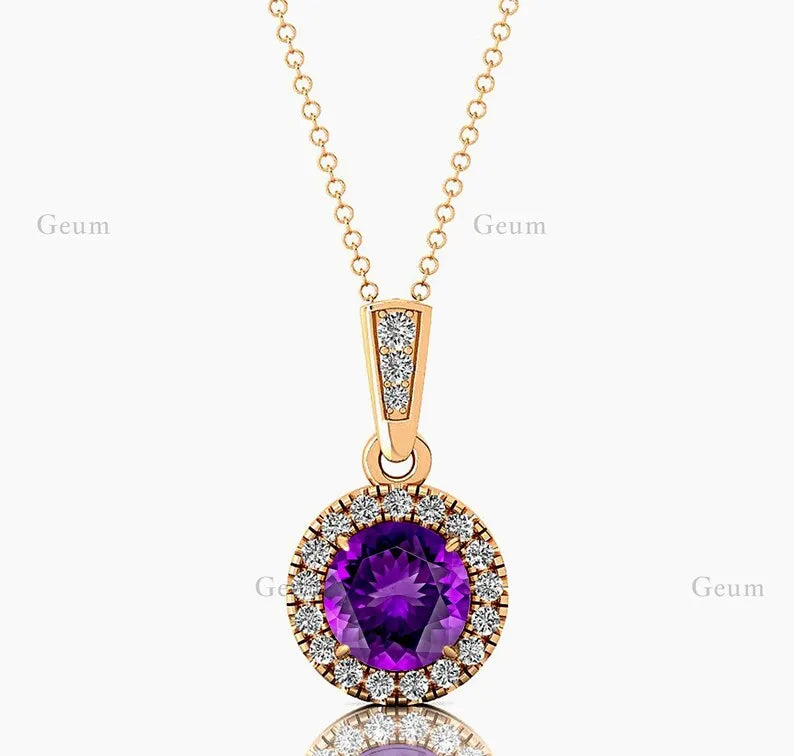 Natural Amethyst Gemstone Cute Minimalist Halo Solitaire Pendant 14K Solid Gold Rhodium Plated Diamond Gift