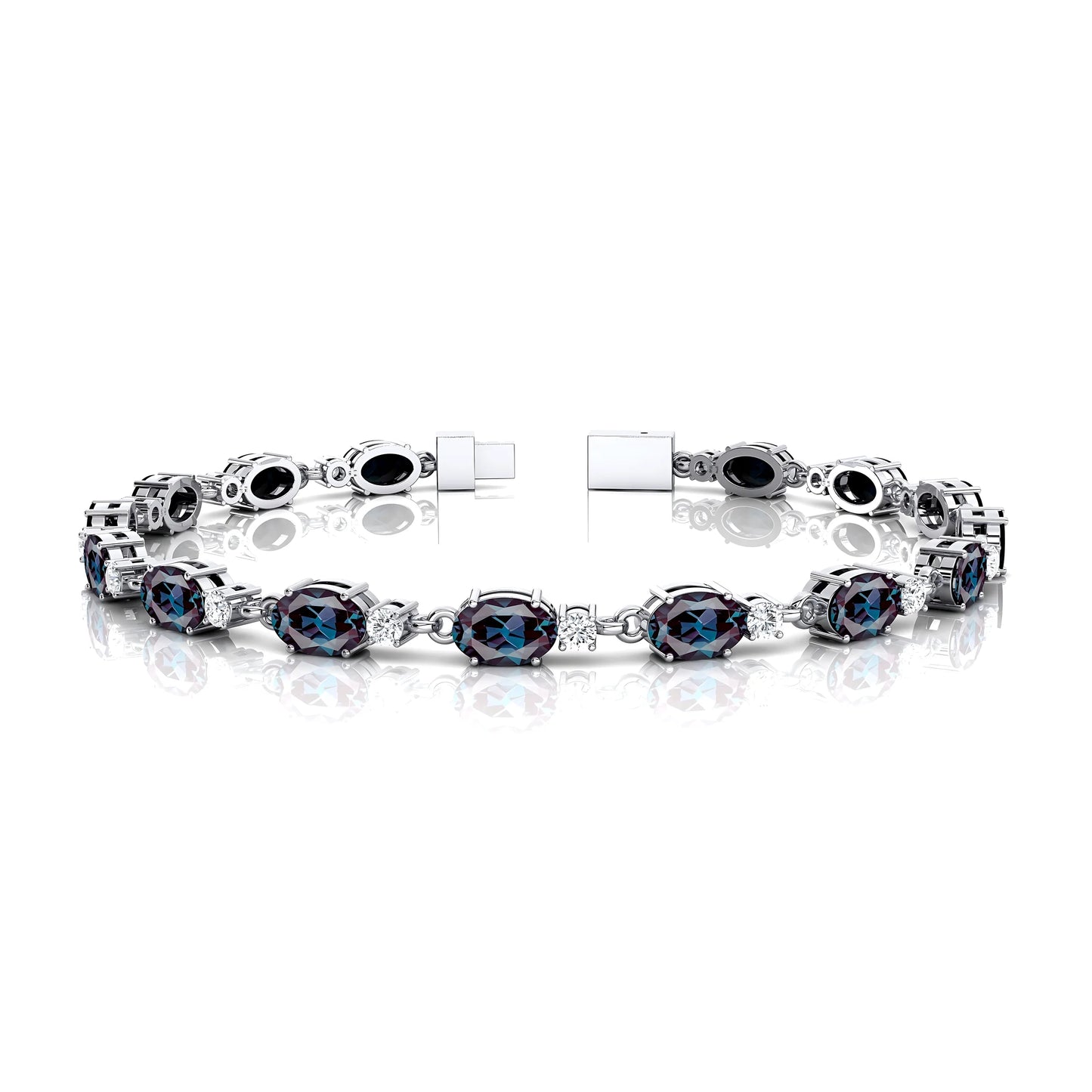 Oval Cut Lab-grown Alexandrite & Natural Round Diamonds Tennis Chain Bracelets Fine Jewelry 14K Gold Tennis Link Chain Bracelet