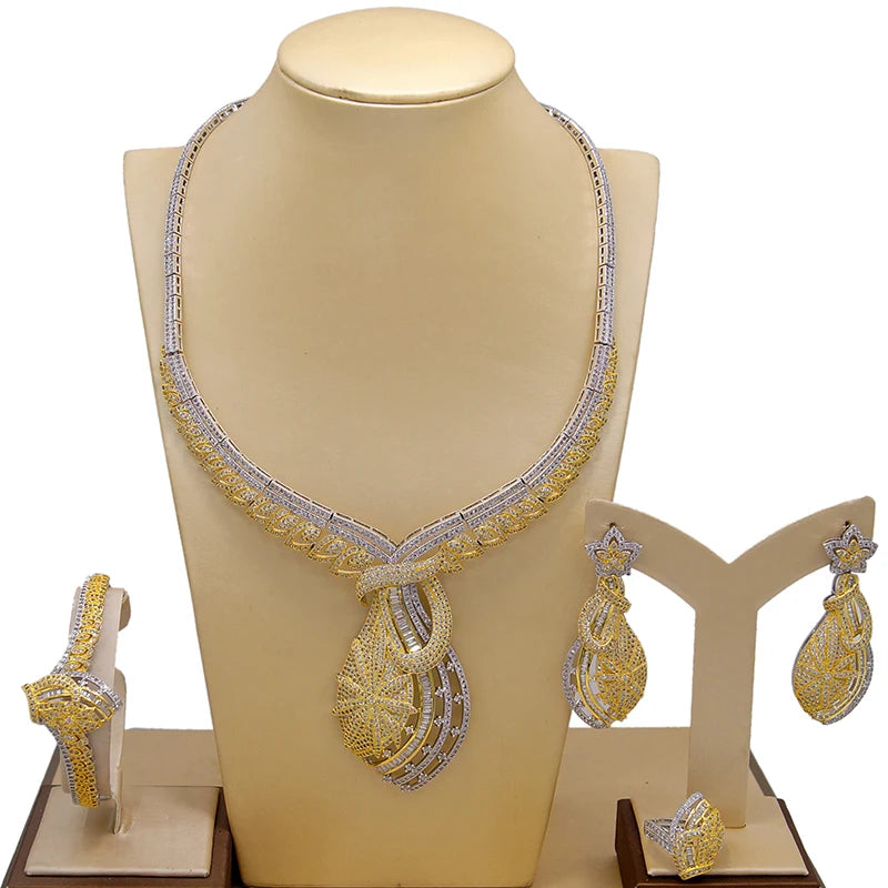 Zhuerrui Cubic Zirconia Costume Jewelry Set Dubai Ladies Brass Necklace Bracelet Earring Ring Wedding Jewelry Sets HZ201101126