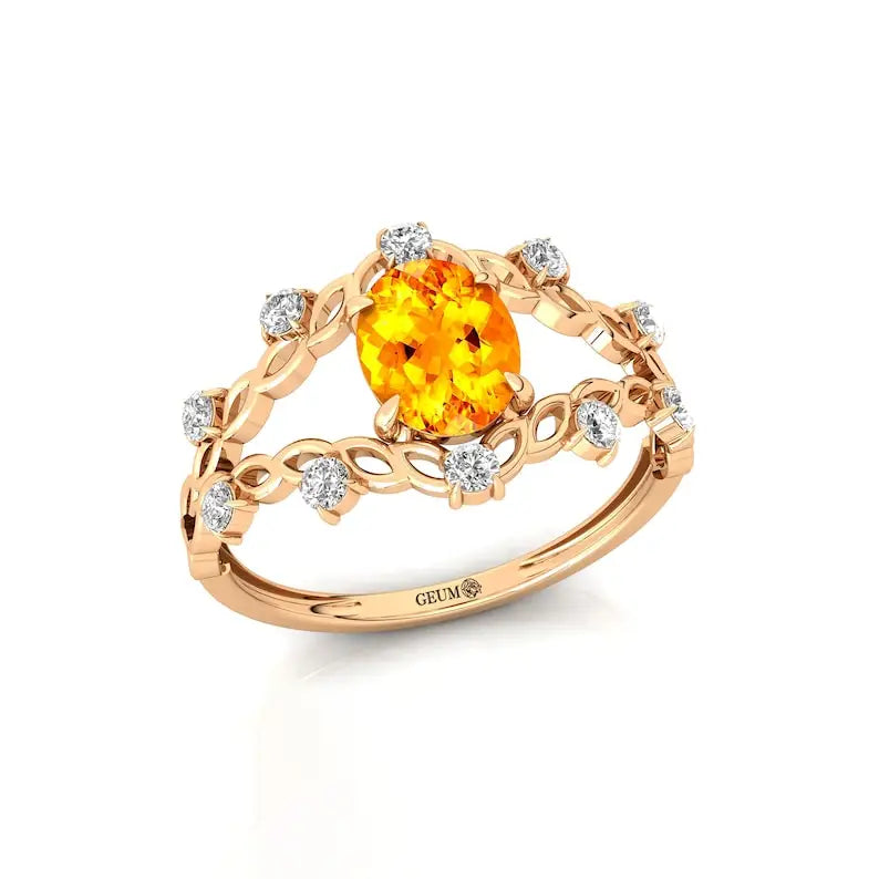 Unique Design Oval Cut 1.25Ct Natural Citrine Gemstone & Diamond Anniversary Rings in 18k Solid Gold Fine Jewelry Wedding Rings
