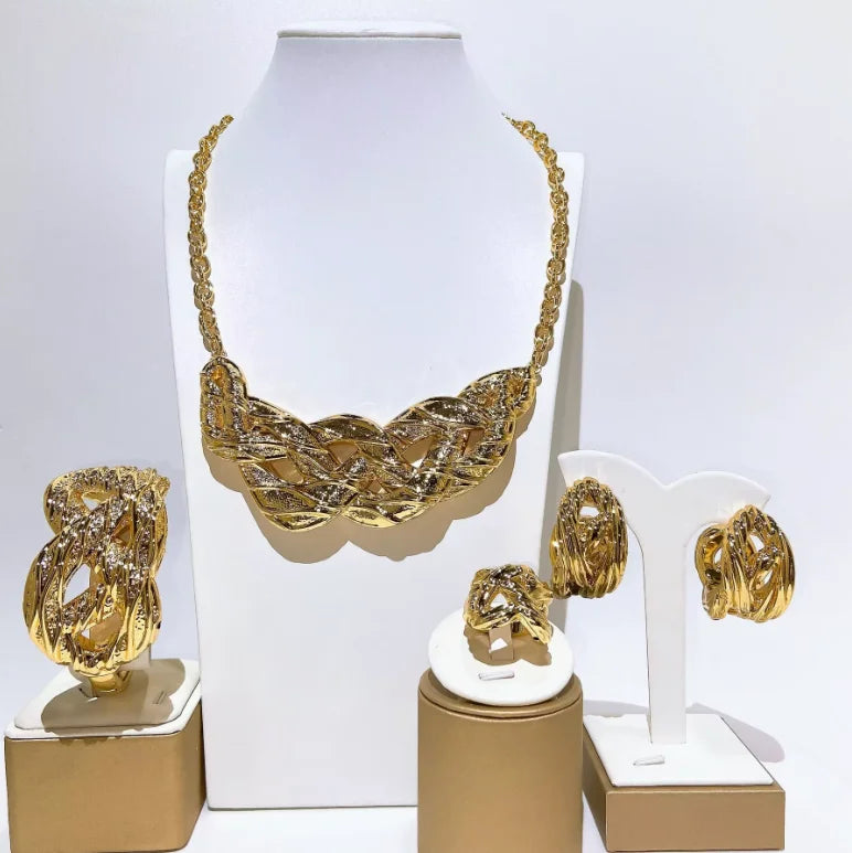Zhuerrui Braided Textured Gold Plated Jewelry Set Chunky Twisted Necklace Hoop Earring Bangle Ring Nigerian Wedding Jewel HK0216