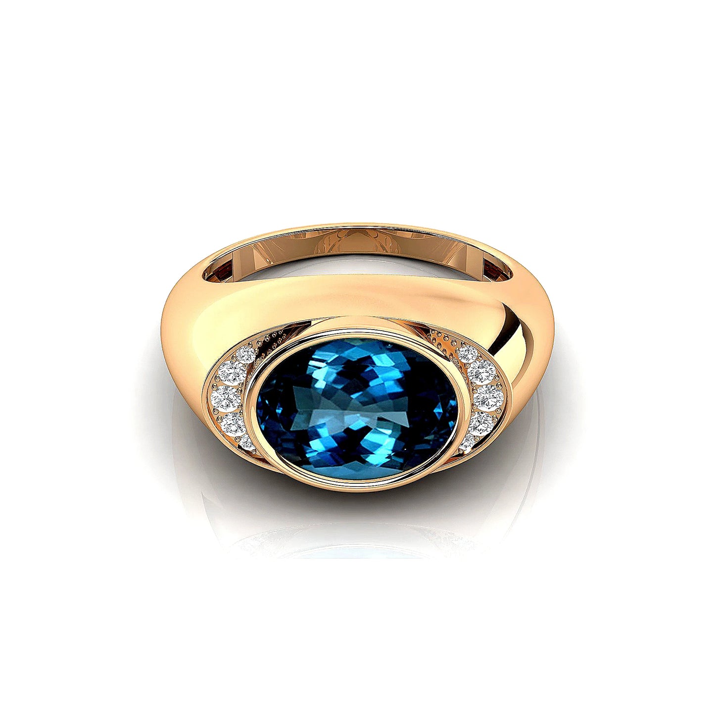 Oval Cut Natural London Blue Topaz Gemstone and Real Diamonds Signet Ring 18k Solid Gold Rhodium Plated Fine Party Gift For Her