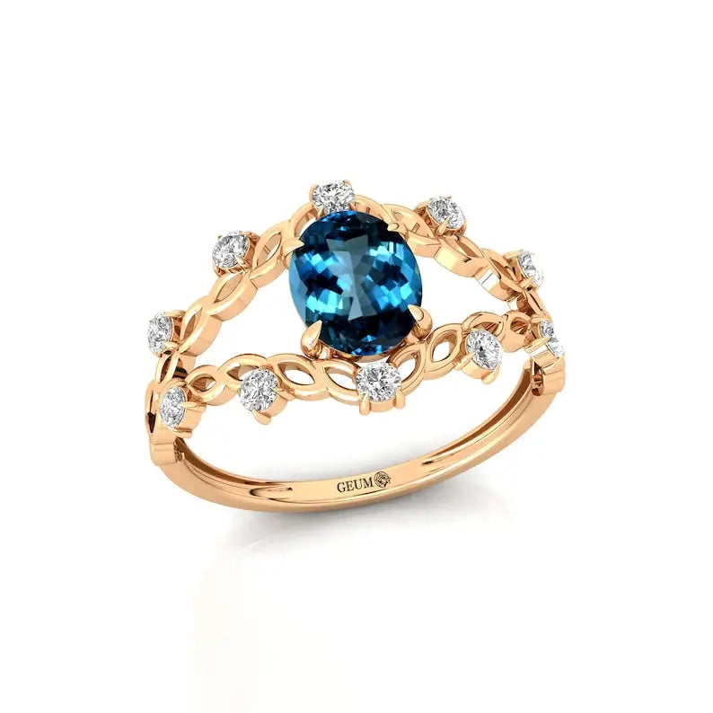 14K Solid Gold Prong Set 1.5 Ct Oval Cut Natural London Blue Topaz Gemstone Rings Adorned Natural Diamonds Classic Wedding Gift