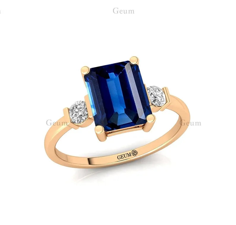 Natural Round Cut Lab Grown Blue Sapphire 2 Diamond 14k 18k Solid Gold Ring Wedding Engagement Party Rings OEM