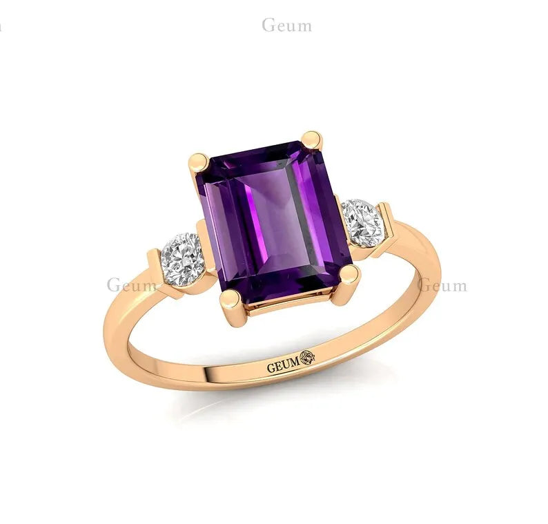 Customized 14k 18k Solid Yellow Gold 7x9 Emerald Cut Amethyst Gemstone Rings for Wedding and Gift Occasions