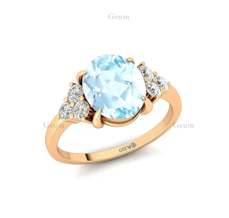 Latest Design Handmade Natural Aquamarine Gemstone Real Diamond Halo Solitaire Rings 18k Solid Gold Prong Setting Ring Jewelry