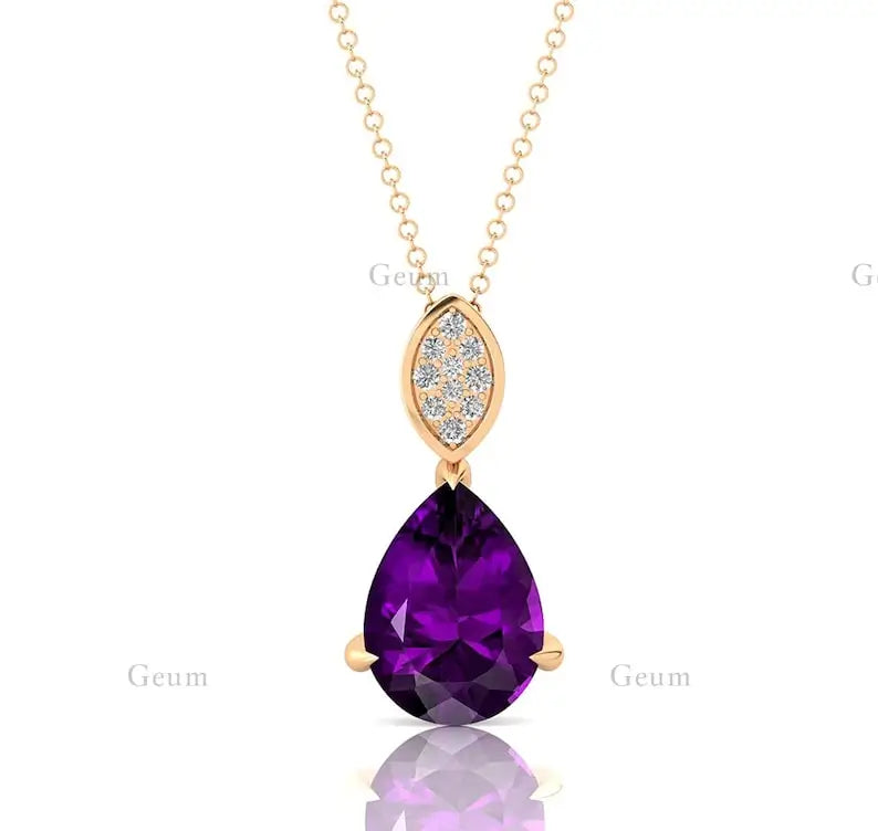 18kt Solid Gold Natural Amethyst Gemstone Real Diamond Teardrop Pendant Necklace Cute Rhodium Plated Luxurious Handmade Jewelry