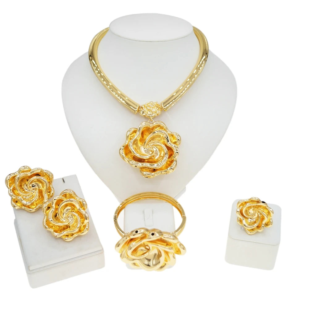 Zhuerrui Wholesale Luxury Gold Plated Rose Flower 4PCS Jewelry Set Dubai African Wedding Necklace Earrings Bracelet Ring HK52822