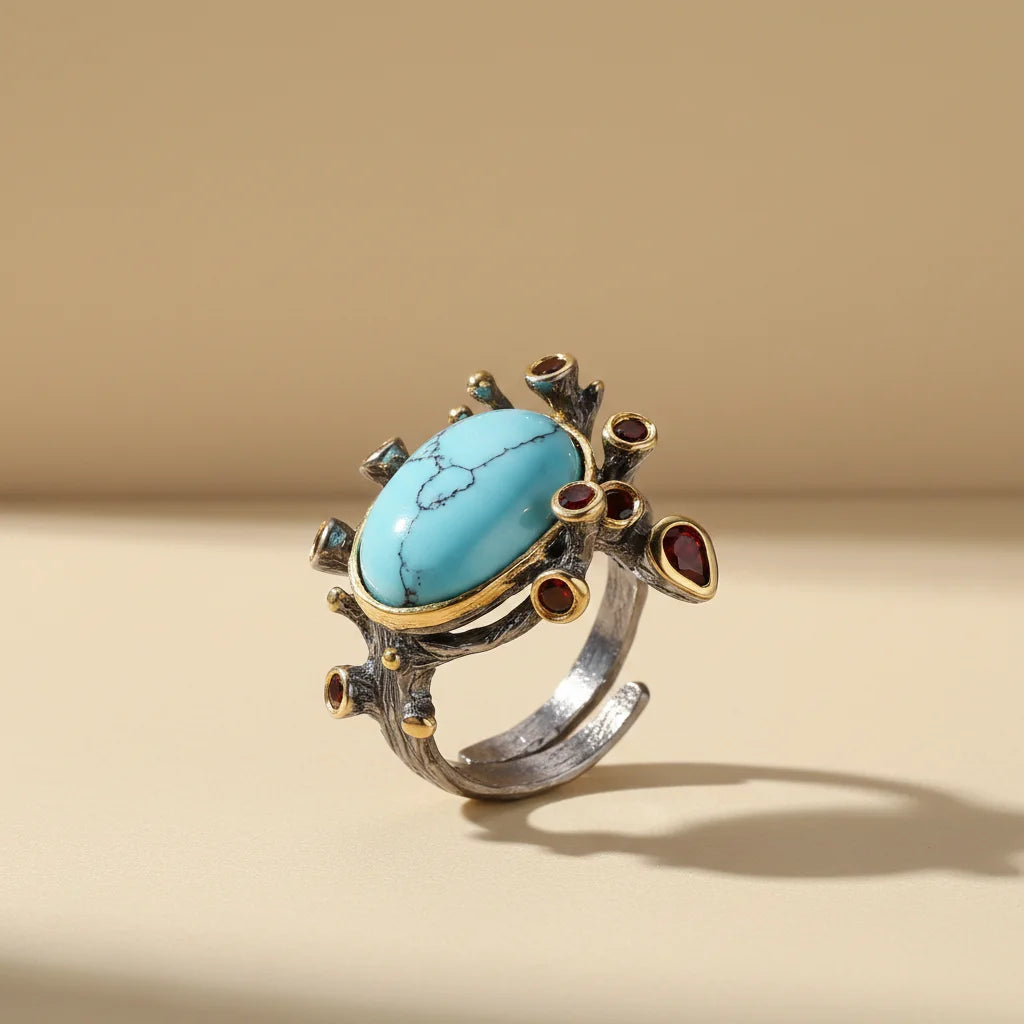 Handmade Gemstone Turquoise 925 Sterling Silver Adjustable Open Ring
