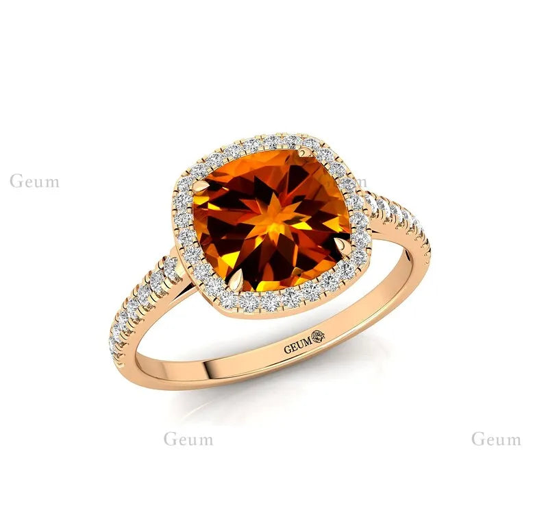 Luxury Classic Wedding Cushion Cut Citrine November Birthstone 18k Solid Gold Women's Diamond Ring