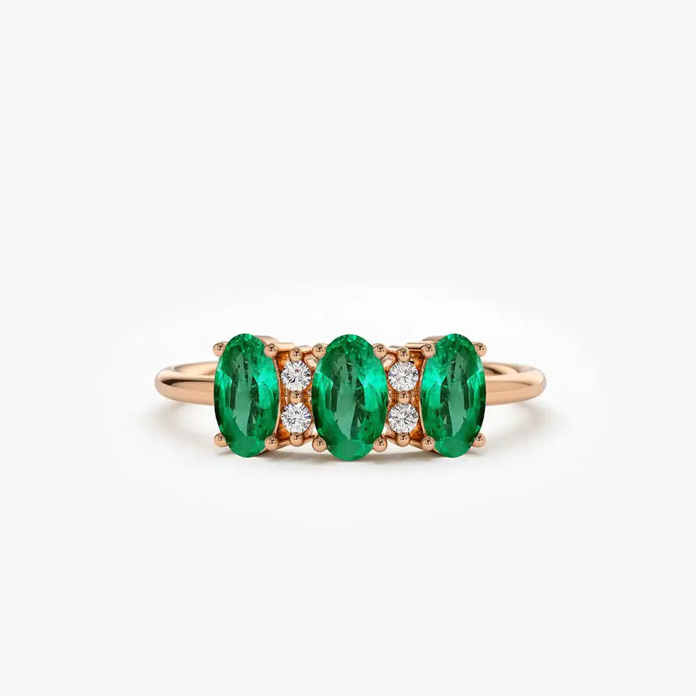 Oval Cut Triple Natural Emerald Stone & Round Cut Diamond Ring 14k Pure Gold Beautiful Engagement Wedding Rings Fine Jewelry RTS