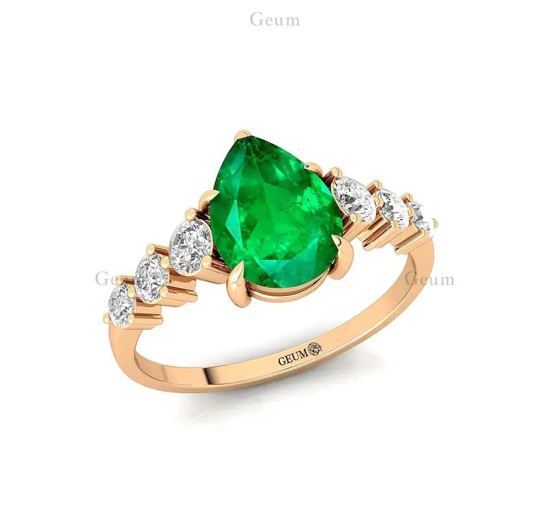 Luxurious 14k Gold Jewelry Unique Round Cut Lab Grown Emerald Gemstone Ring Genuine Diamonds Wedding Anniversary Party Wear Ring
