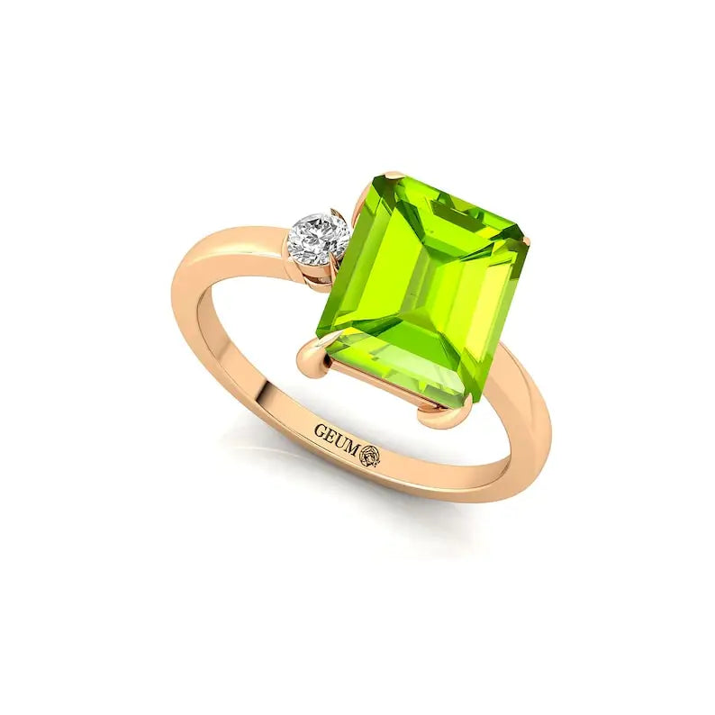 14k Yellow Solid Gold Natural Peridot & Solitaire Round Cut Diamond Engagement Ring Gift for Fiance Champagne Gold Jewelry
