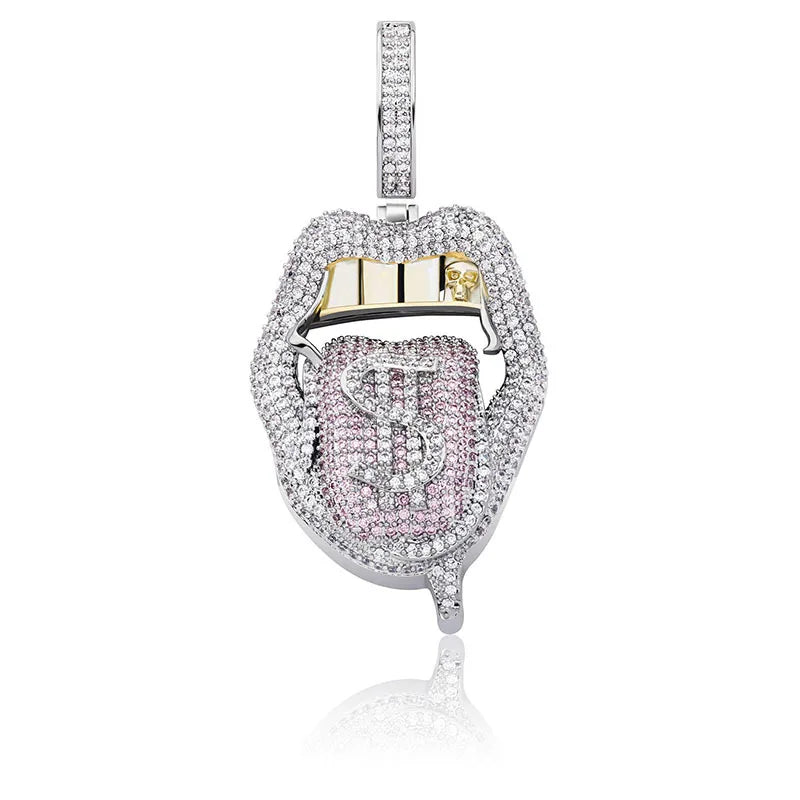 S&S New High Quality Copper Bling Iced Out Cubic Zirconia Lips Pendant Necklaces Charms Colors Stone Hip Hop Designer Charms Pendant