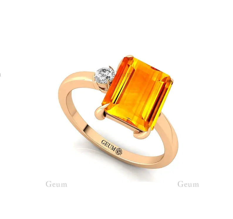 Luxury 14k Solid Gold Natural Citrine Ring Prong Setting Handmade Round Cut White Diamond Wedding Gemstone Jewelry Gift for Her