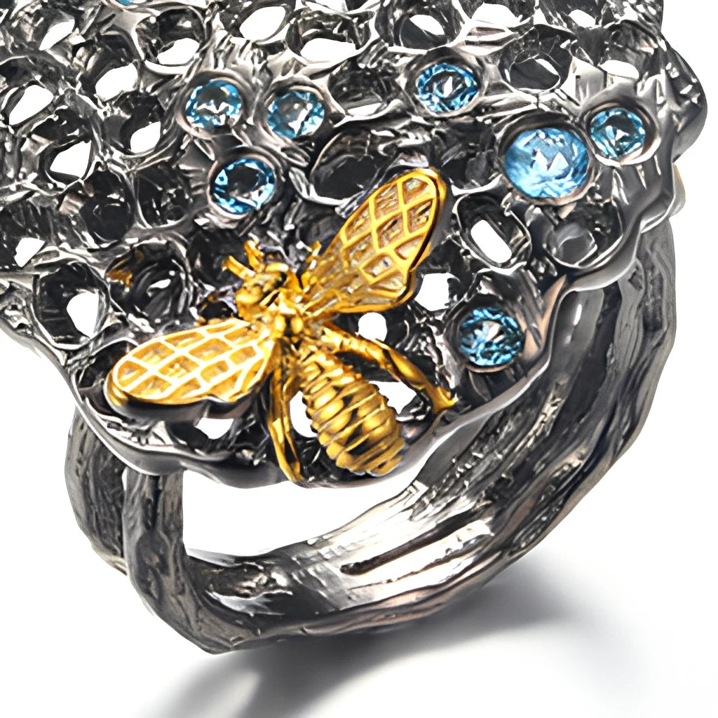 Wholesale Gold Plated Design New Retro Openwork 925 Sterling Silver Blue Topaz Ring With Cheap Price