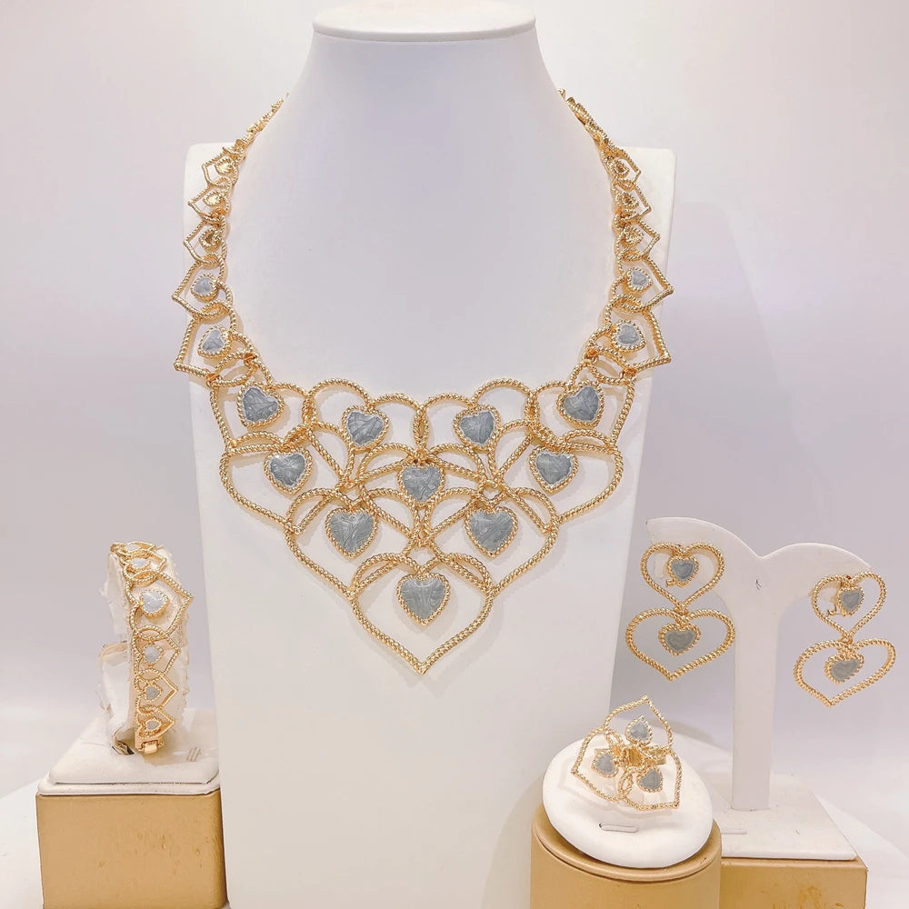 Zhuerrui Dubai Gold Plated Jewelry Set Layered Heart Inlaid Gold Weave Necklace Earrings Bracelet Ring for Women Wedding I005520