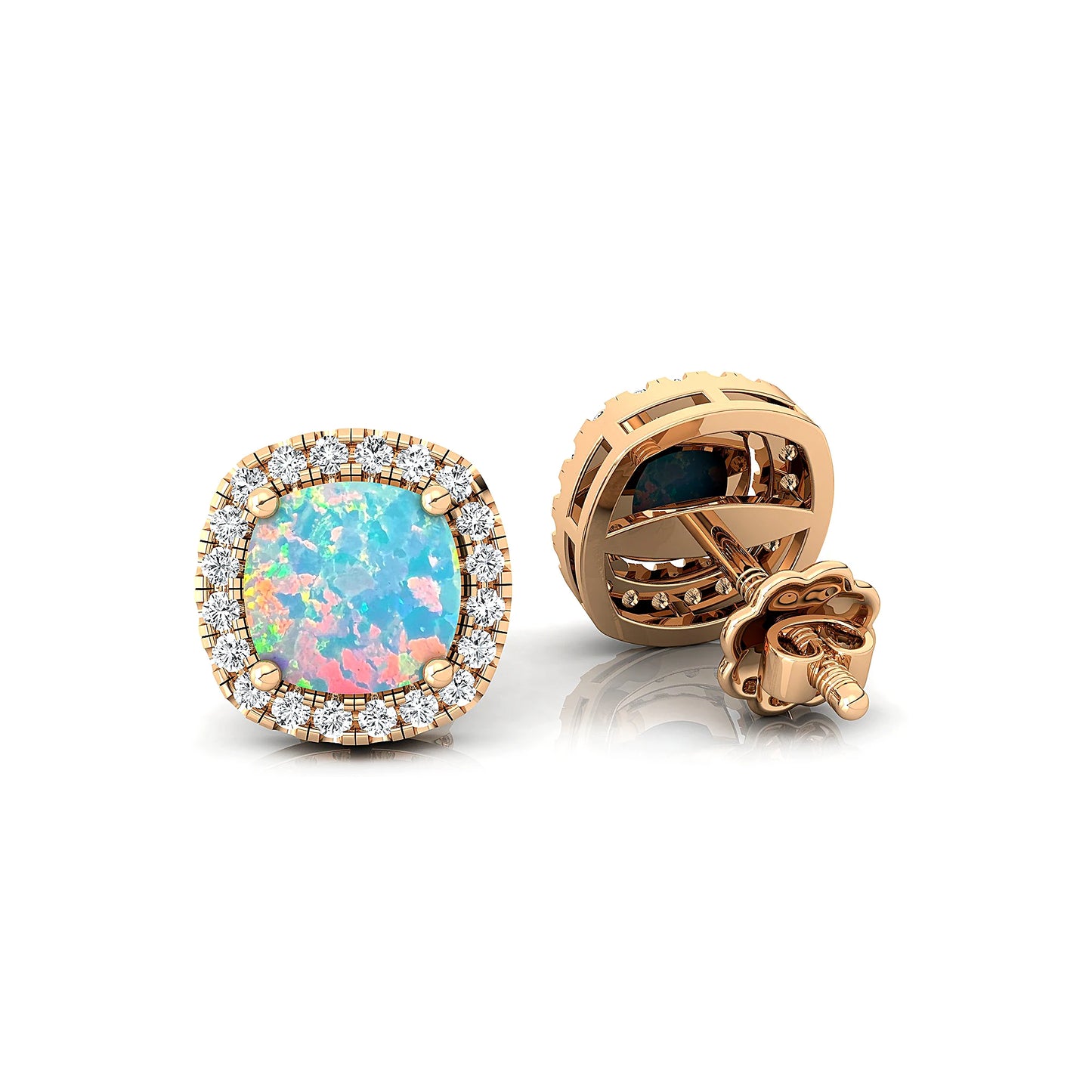 18k Solid Gold Natural Opal Gemstone & Real Diamonds Stud Earrings Beautiful Design Luxurious Birthstone Cute Halo Stud Earrings