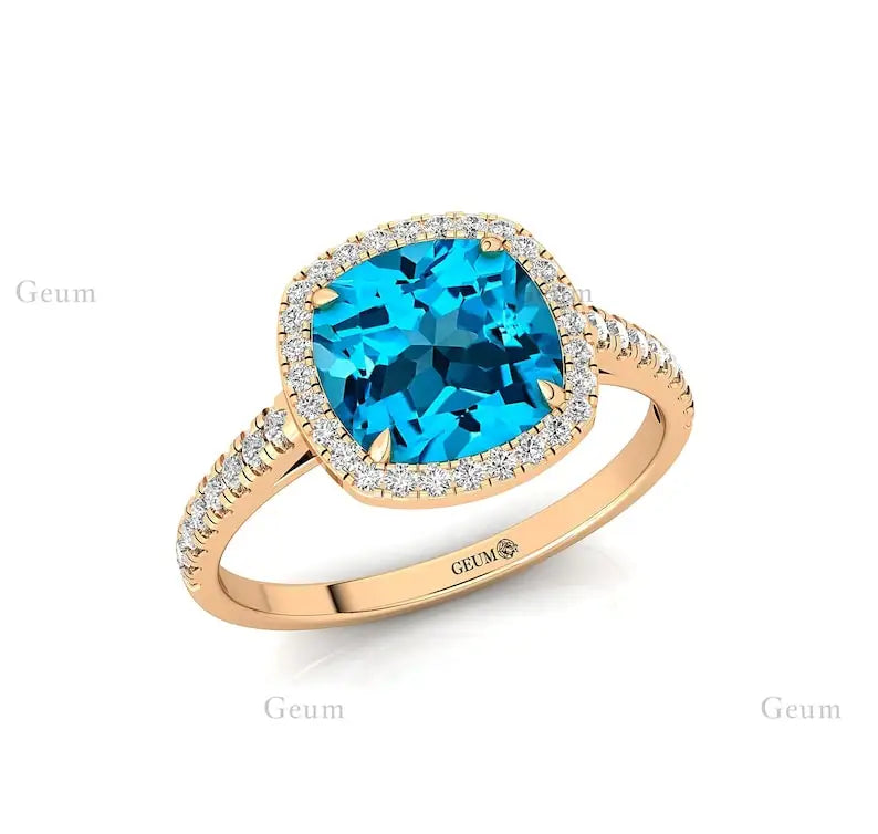 Personalized Classic 14k Solid Gold Halo Wedding Engagement Ring with for Swiss Blue Topaz & Natural Diamond Gift Her Bulk OEM
