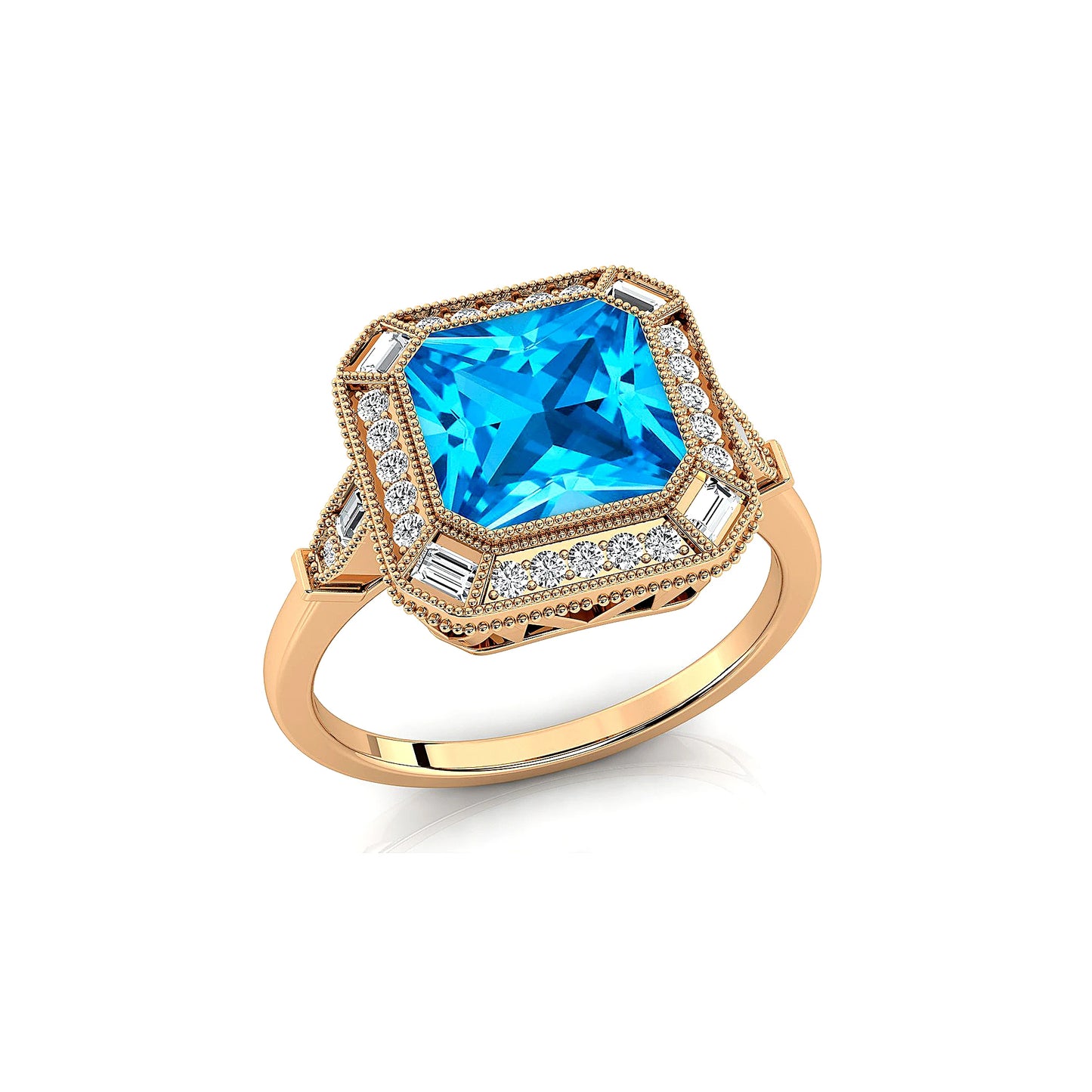 18k Solid Gold Rings Swiss Blue Topaz Gemstone Fine Real White Diamonds Baguette Cut Rhodium Plated Jewelry Weddings Ring Gift