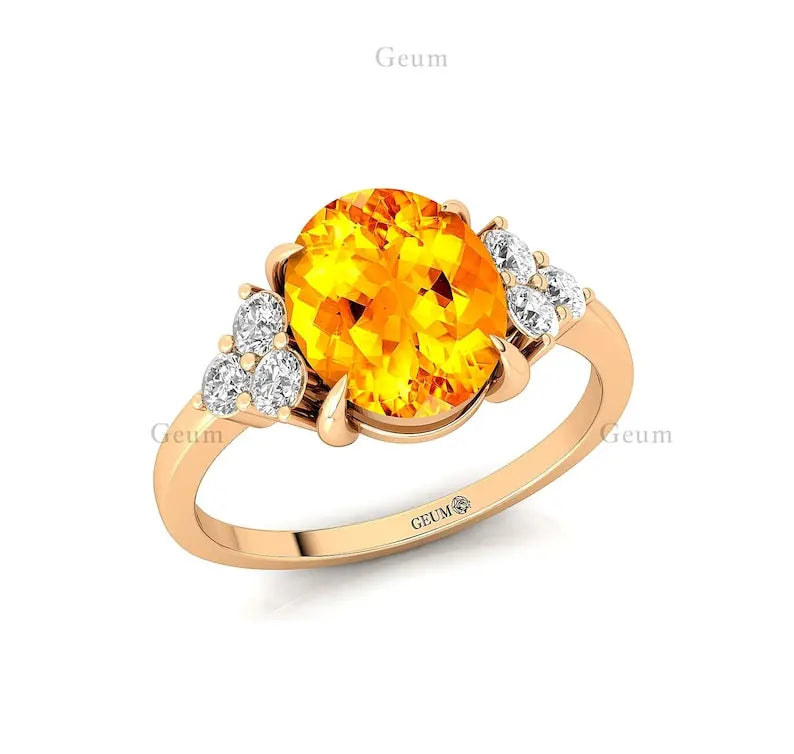 Luxury Solid Gold Oval Cut Citrine Gemstone Ring Real Diamonds Pave Setting Certified Statement Wedding Engagement Ring Party
