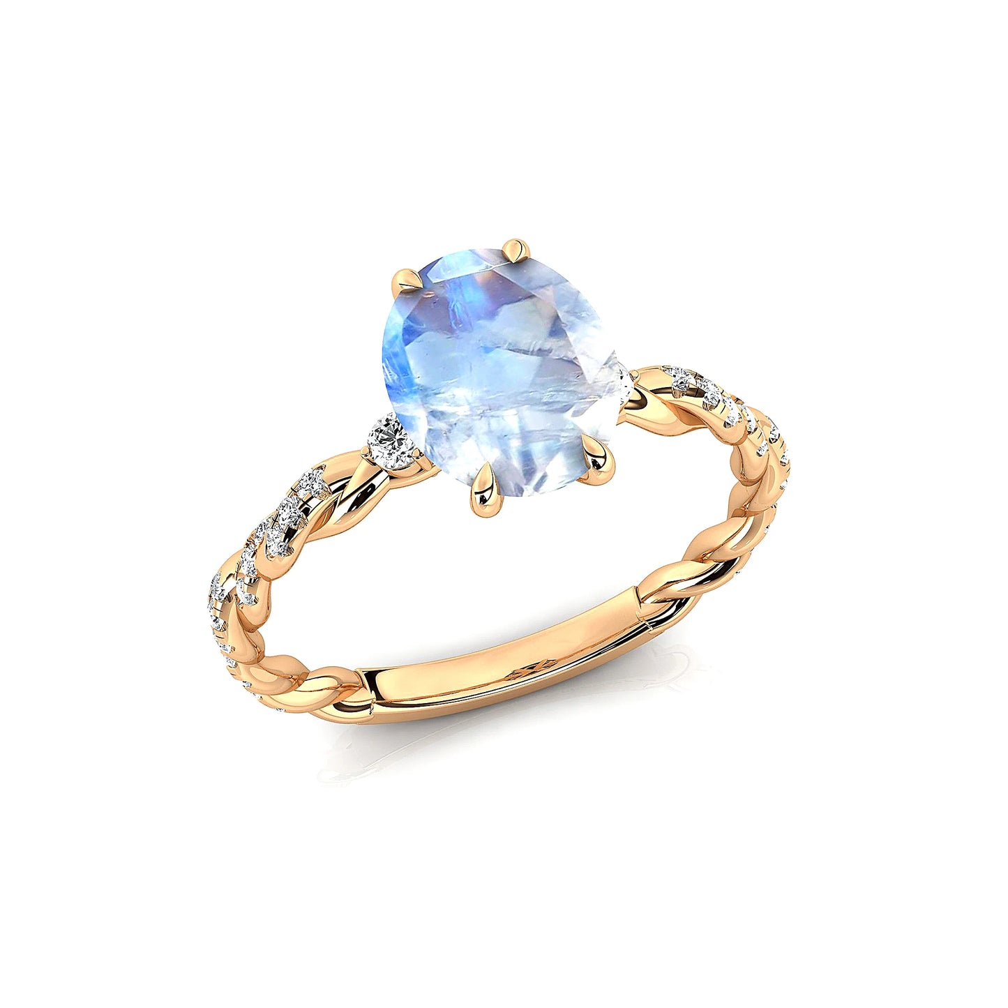Natural Rainbow Moonstone Real Pave Diamonds Solitaire Twisted Ring 18kt Solid Gold Rhodium Plated Prong Set Bridal Party Rings