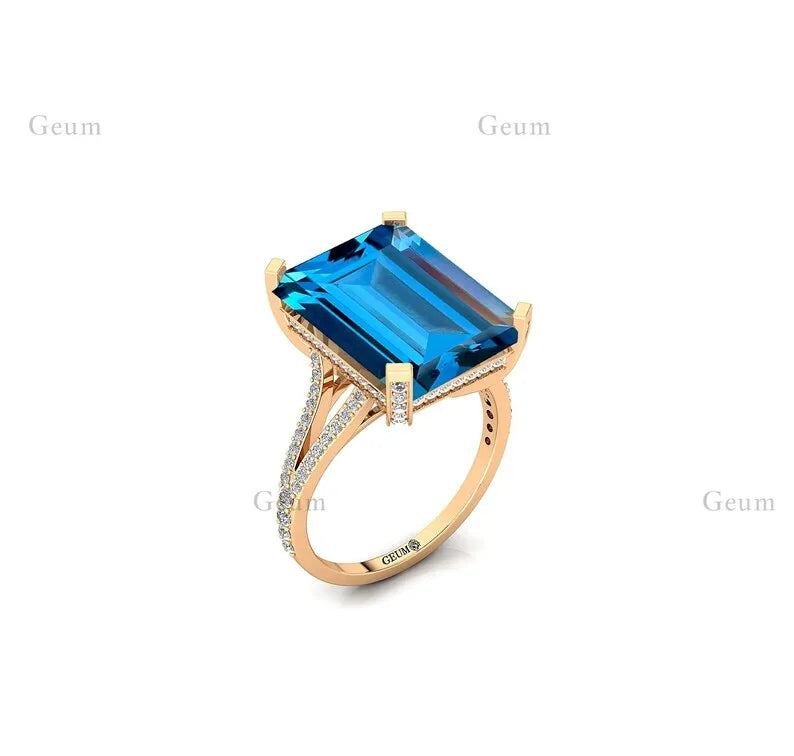 Wholesale 14kt Solid Gold Fine Classic Bridal Rings Natural Swiss Blue Topaz Gemstone Real Diamonds Halo Solitaire Wedding Party