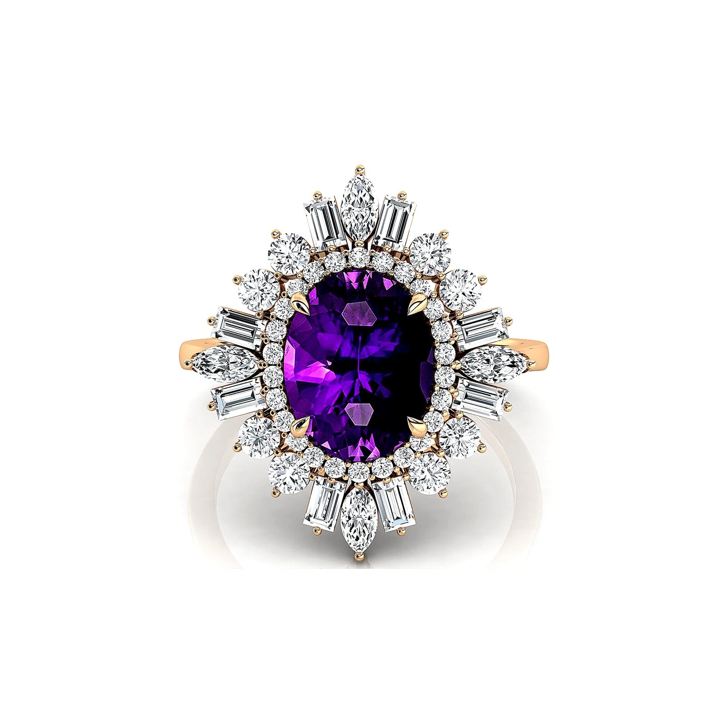 14k Solid Gold Ring Natural Amethyst Gemstone and Real White Diamonds Rhodium Plated Engagement Halo Ring OEM Wholesale Jewelry