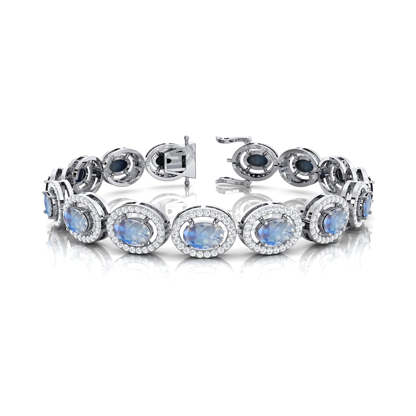 Luxury 100% Authentic Real 14k Solid Yellow Gold Tennis Bracelet Handmade Rainbow Moonstone Diamond Trendy for Weddings Parties