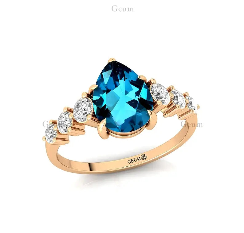 Wholesale Engagement Wedding Minimalist Classic Jewelry 18k Solid Gold Bridal Ring Adorned Natural London Blue Topaz Gemstone