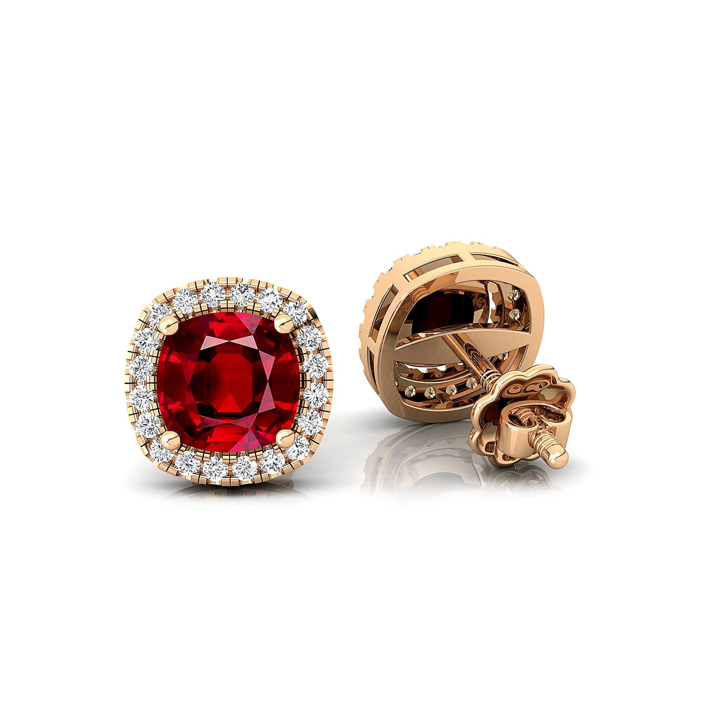 14k Solid Gold Halo Solitaire Studs Earrings Lab Ruby Gemstone Real White Diamonds Rhodium Plated Cute Wholesale OEM Birthstone