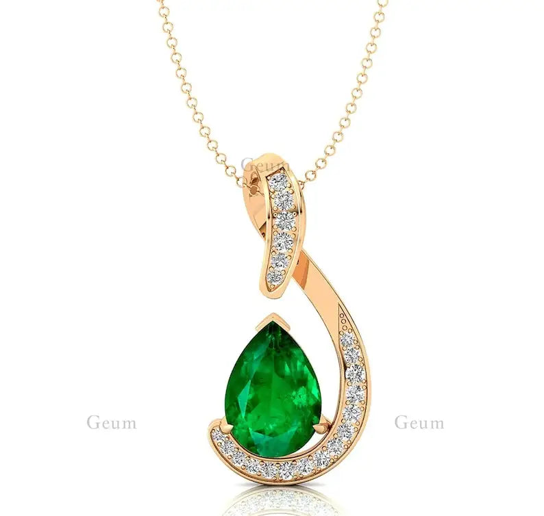 Lab Grown Green Emerald Genuine White Diamond Teardrop Pendant Necklace 14k Solid Gold Cute Delicate Fine Women's Gift Jewelry