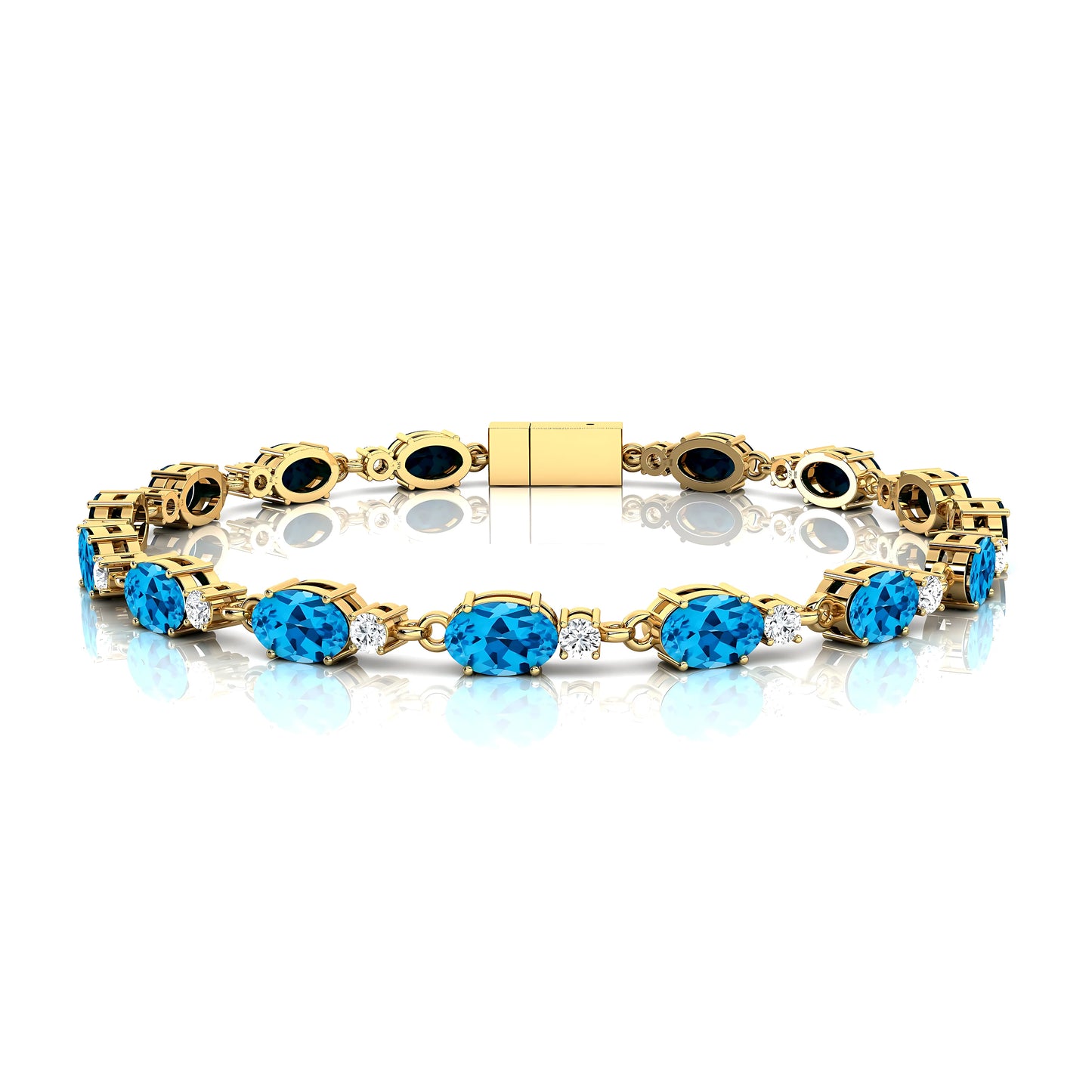 14K Pure Gold Oval Cut Swiss Blue Topaz With Round Real Diamonds Tennis Bracelet 2025 New Design Unisex Classic Tennis Bracelet